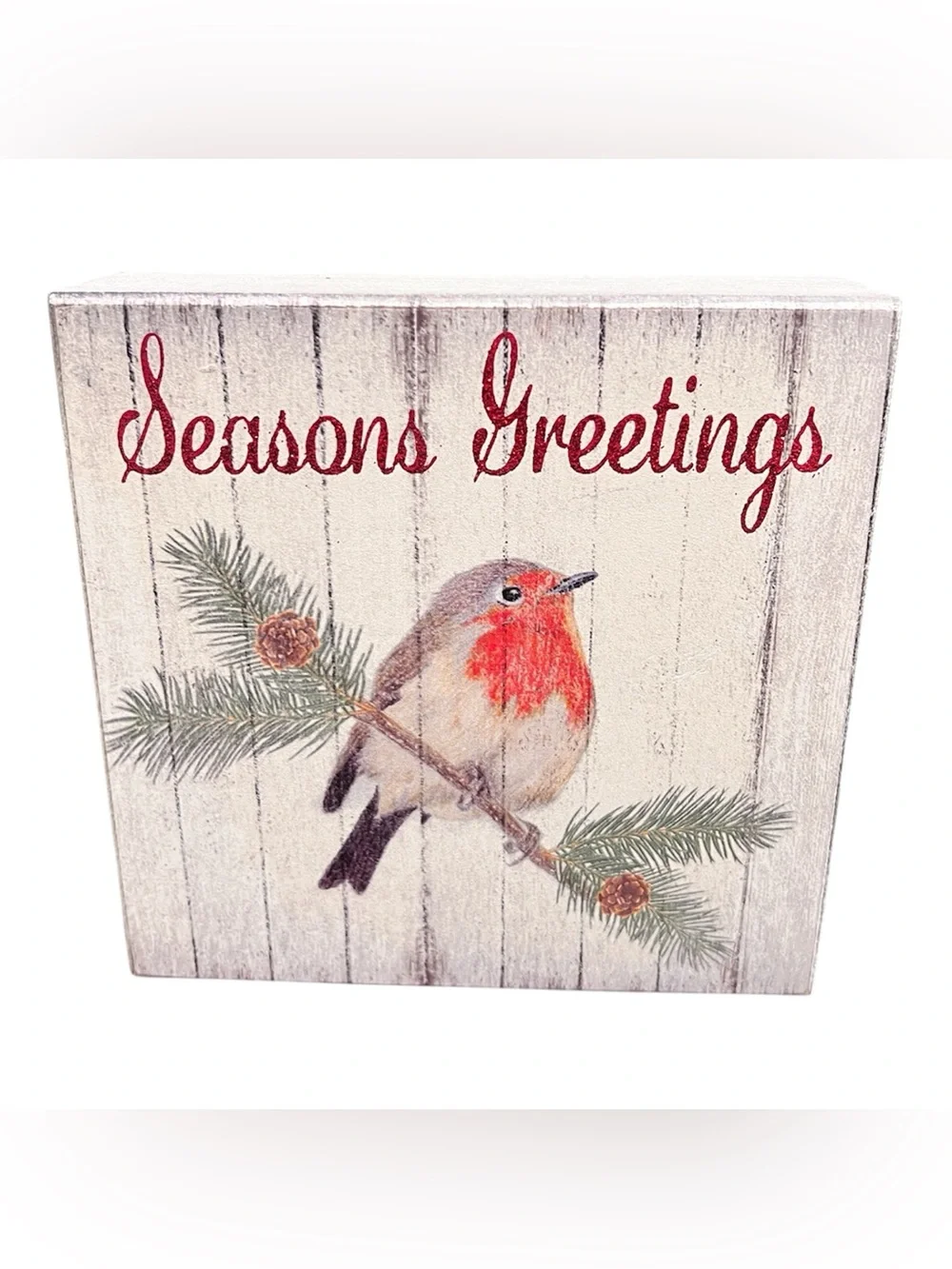 Seasons Greetings Robin Holiday Plaque - Neutral/Red